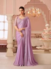 India Silk Purple Sarees With Silver Chiffon Shimmer Combine Rich Silk Texture With A Delicate
